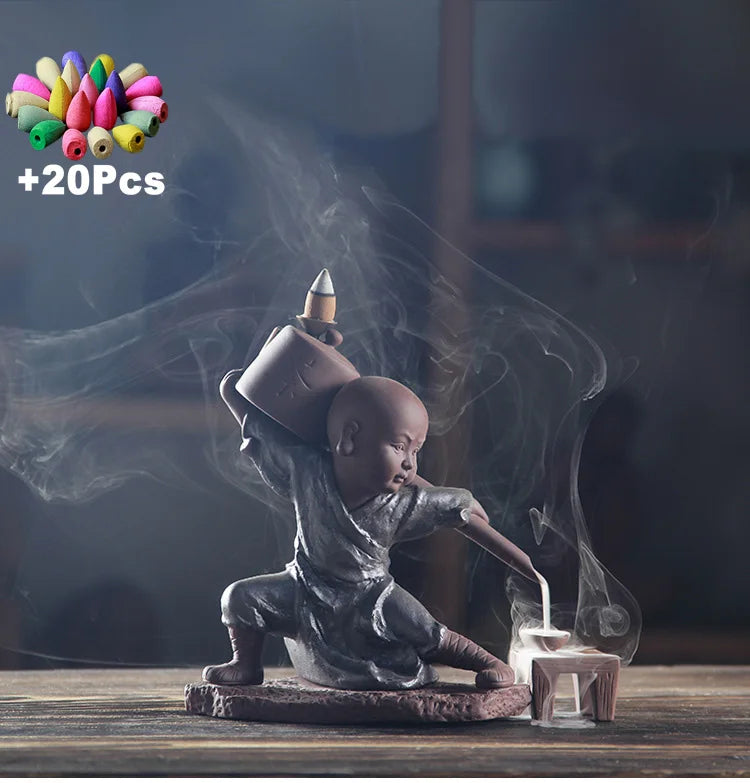 Gift 20Cones Creative Handmade Zen Kung Fu Monk Buddha Backflow Incense Burner Kungfu Tea Tea Art Tea Pet Smell Removing Incense