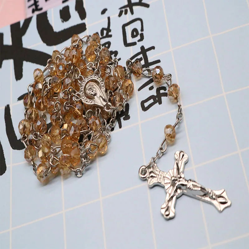 Classic 6mm Crystal Rosary Necklace, Catholic Holy Site Cross Pray Necklace, Fashion Crystal Rose Necklace