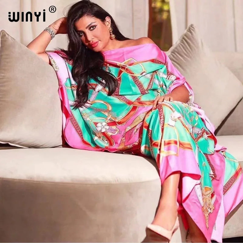 Africa Fashion Blogger Recommend Popular printed Silk Kaftan Maxi dresses Loose Summer Beach Bohemian kaftan long dress for lady
