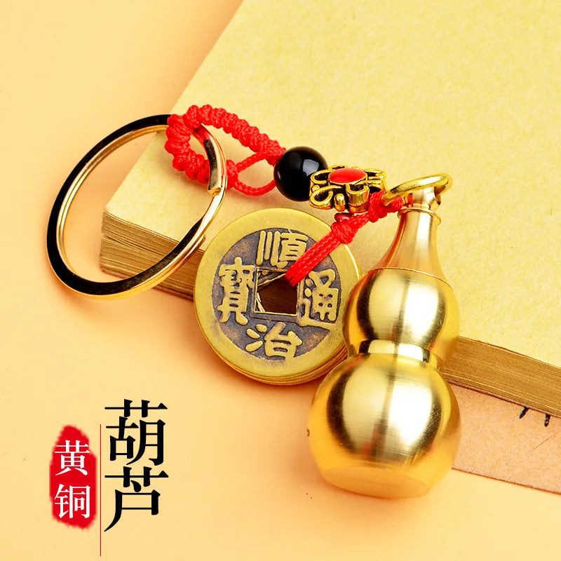 New Red Rope Five Emperor Money Large Hollow Gourd Key Chain Twelve Zodiac Large Gourd Cover Brass Key Ring Wholesale