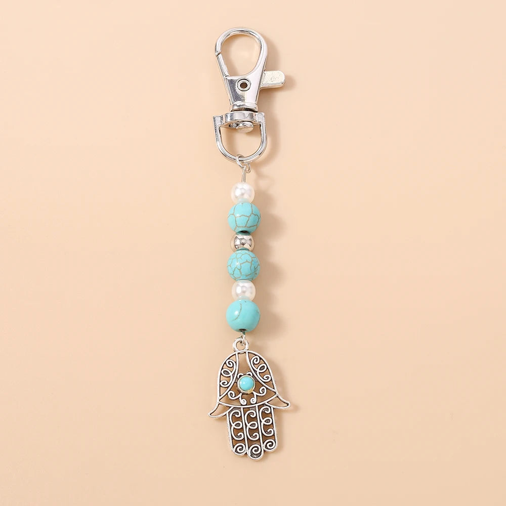 Aihua Lucky Eye Alloy Fatima Hand Keychain Heart Glass Bead Blue Turkish Evil Eye Key Chain Car Keyring for Women Men Jewelry