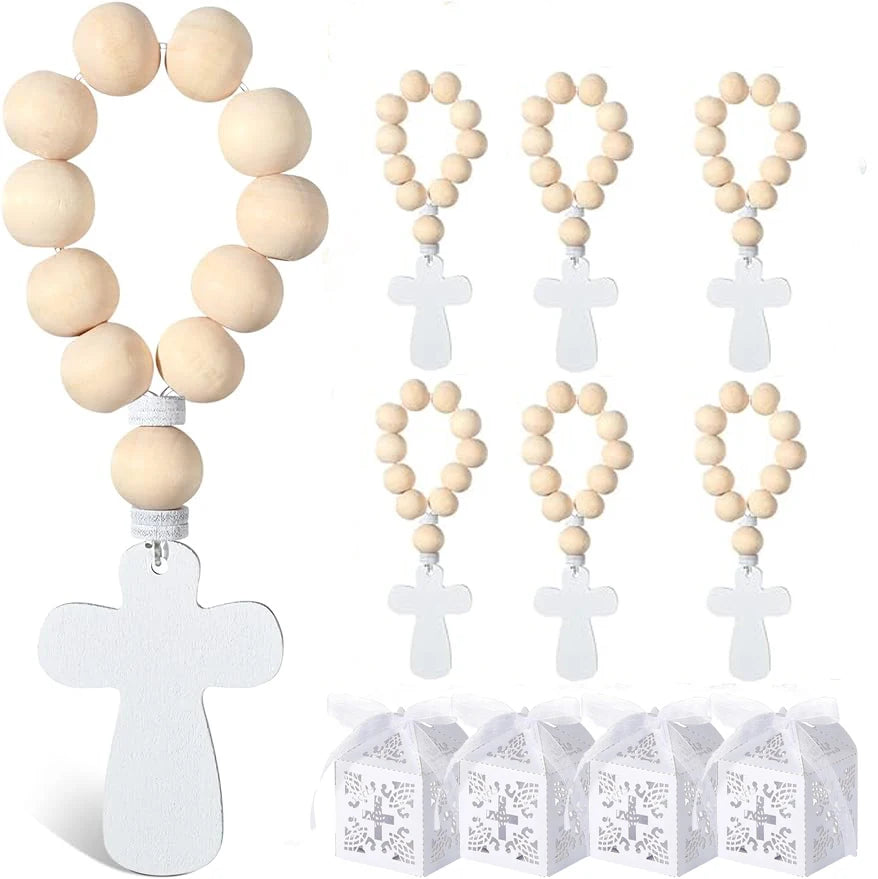 6/12/18PCS Wooden Rosary Wood Bulk Catholic with Crucifix Wooden Cross Pendant with White Mesh Bags for Baptism First Communion