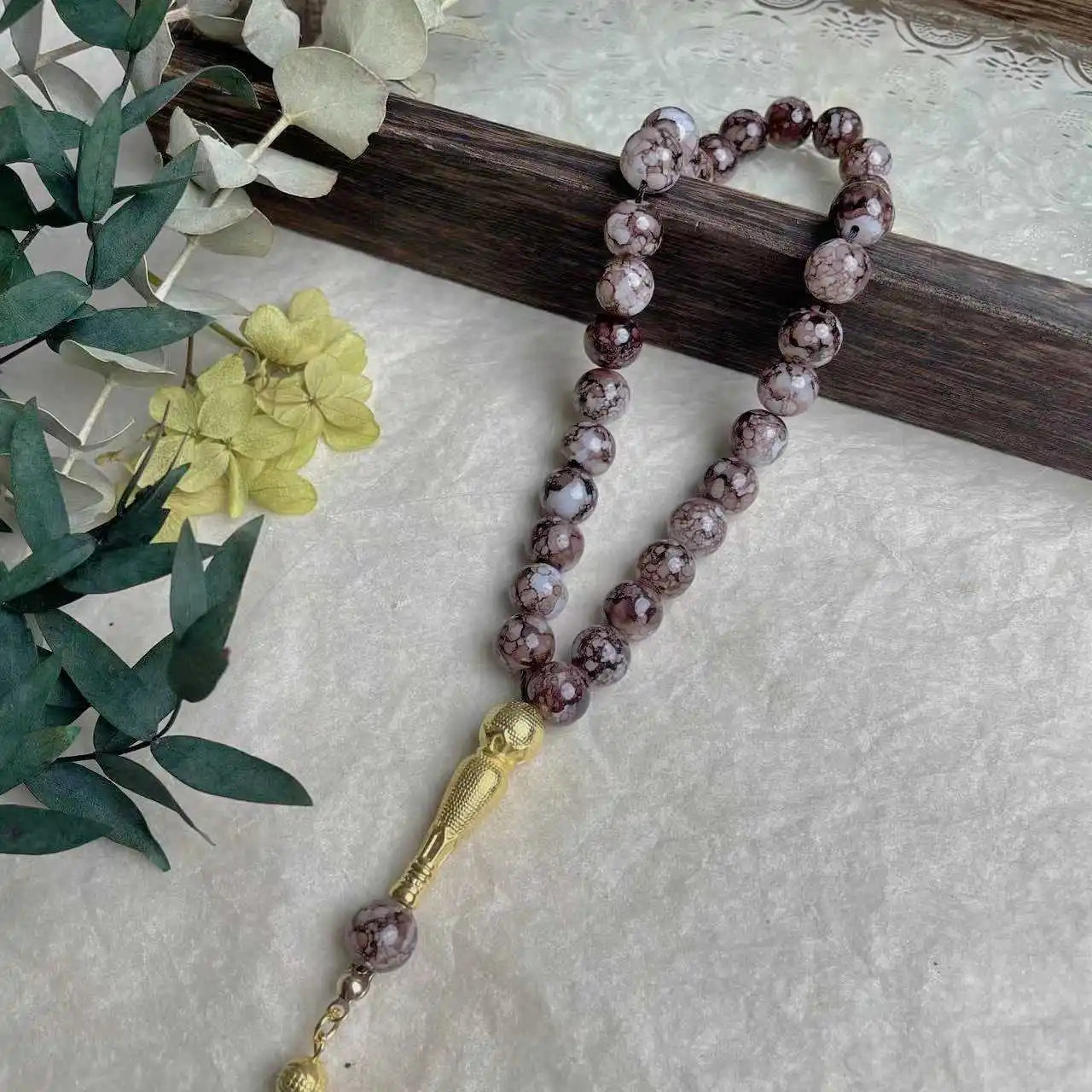 10mm Large Flower Beads 33pcs Glass Prayer Beads Muslim Tasbih Golden Tassel Handmade Rhombus Shape Retro Style Jewelry