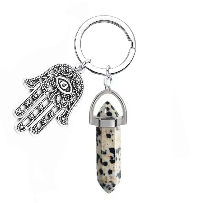 1Pc Natural Stone Crystal Points Keychain with Hamsa Hand Evil Eye Charms Reiki Energy Good Luck Amulet for DIY Jewelry Making