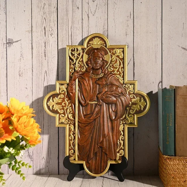 High Quality Wood Carving Jesus Shepherd Icon Sculpture Plaque Catholic Home Living Wall Decor