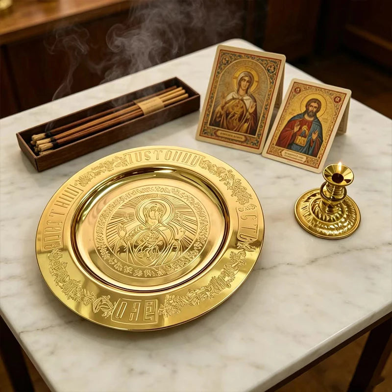 Orthodox Church Brass Liturgical Plate Candlestick Set Gold Plated Engraved Virgin Mary Icon Religious Tray Christian Church Sup