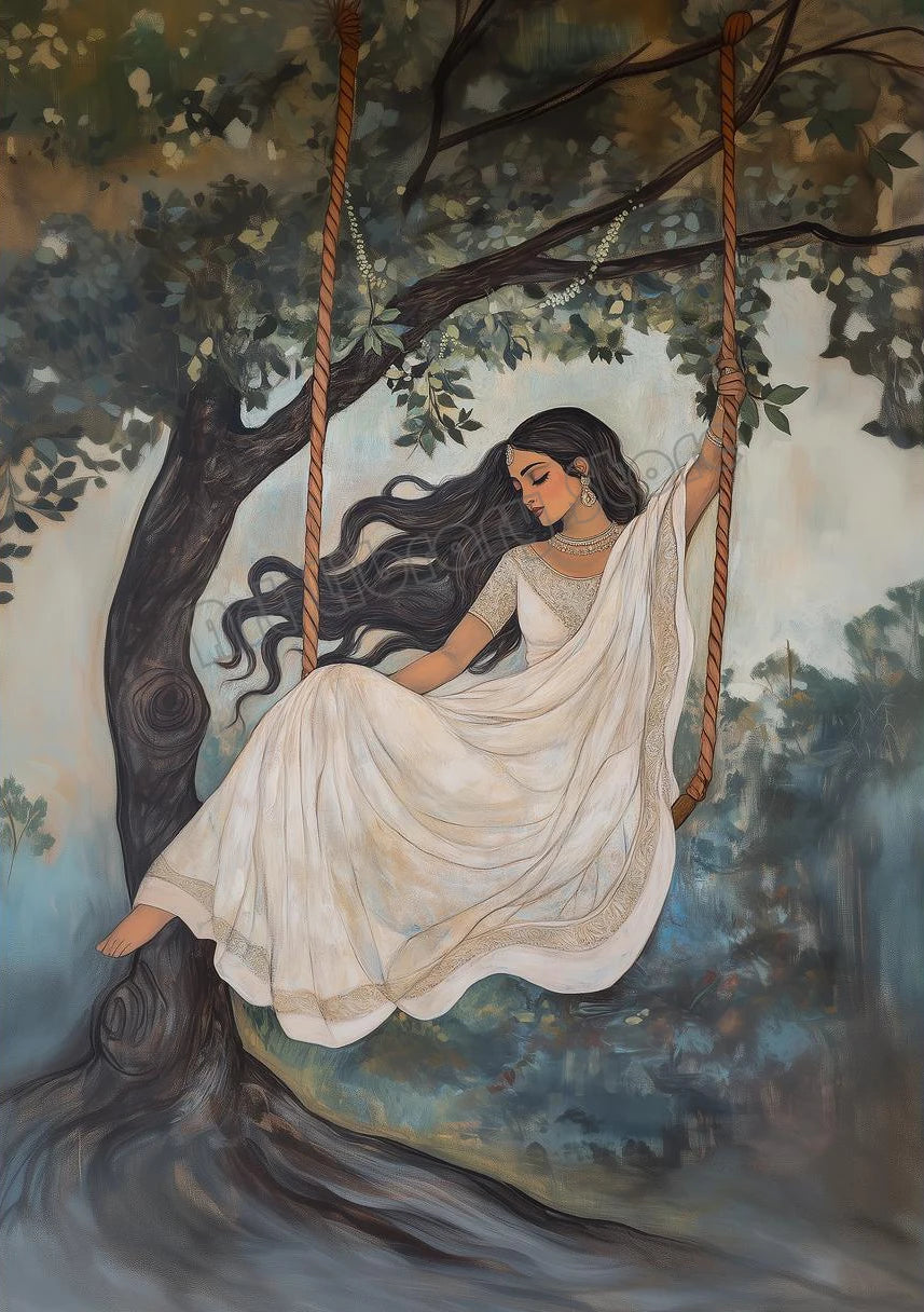 Retro Traditional Indian Woman Lady in The Garden Animals Pattern Poster Canvas Painting Wall Art Pictures Home Interior Decor