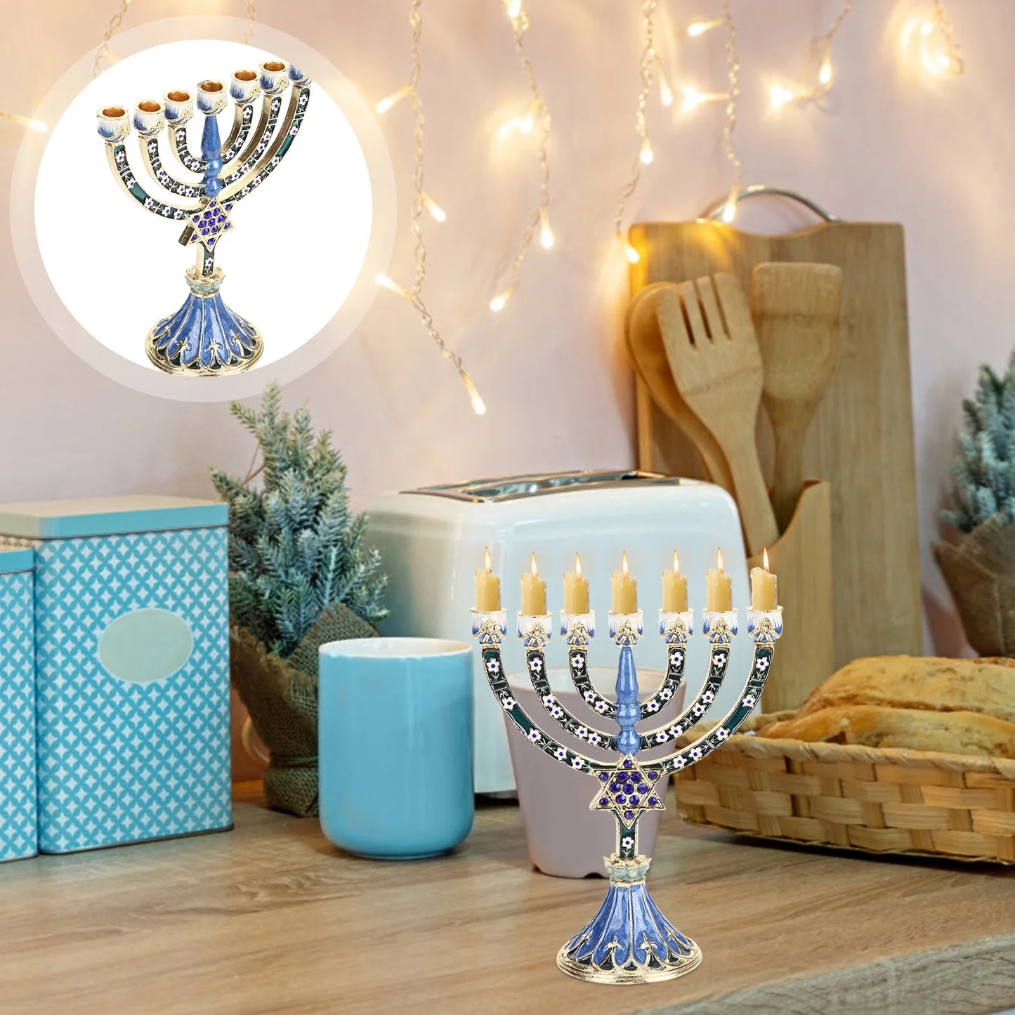 Holder Centerpiece Christmas Decorations Hanukkah Holdersticks Blue Jewish Menorah