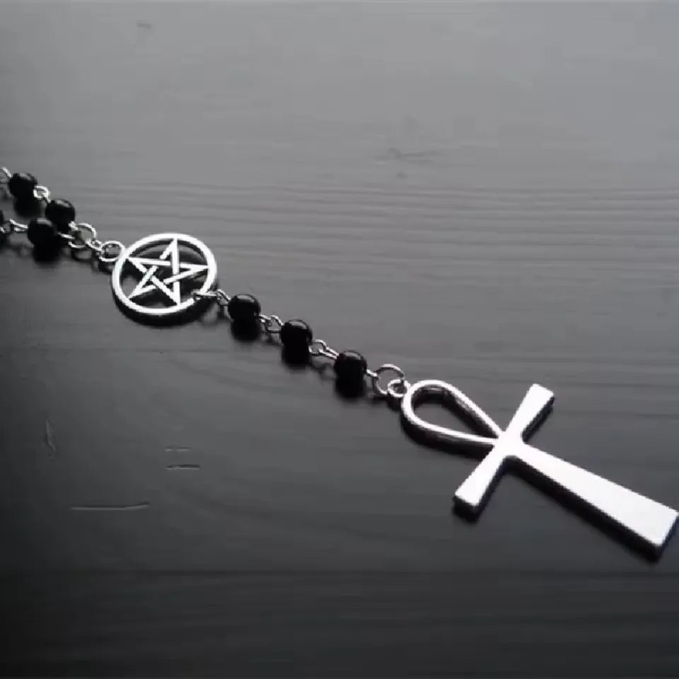 Ankh and Pentagram Rosary Necklace , Wicca, Pagan Rosary Black Beads Charm Jewelry for Women Gift Fashion Simple Jewellery