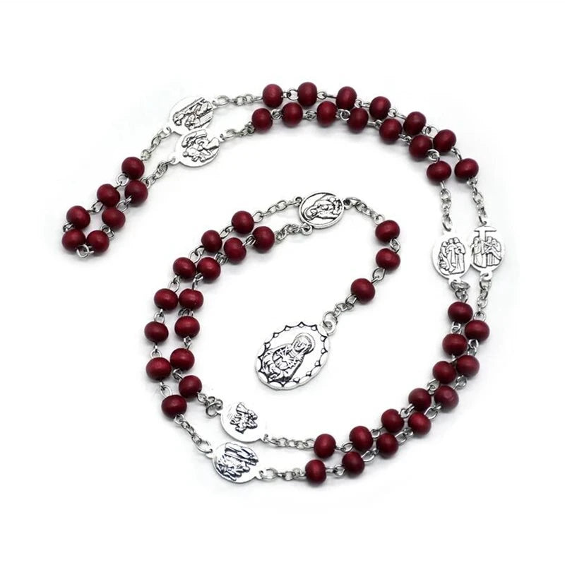 The Seven Bitter Rosary Church Catholic Wood Beads Virgin Pendant Necklace Religious Jewelry Black Red