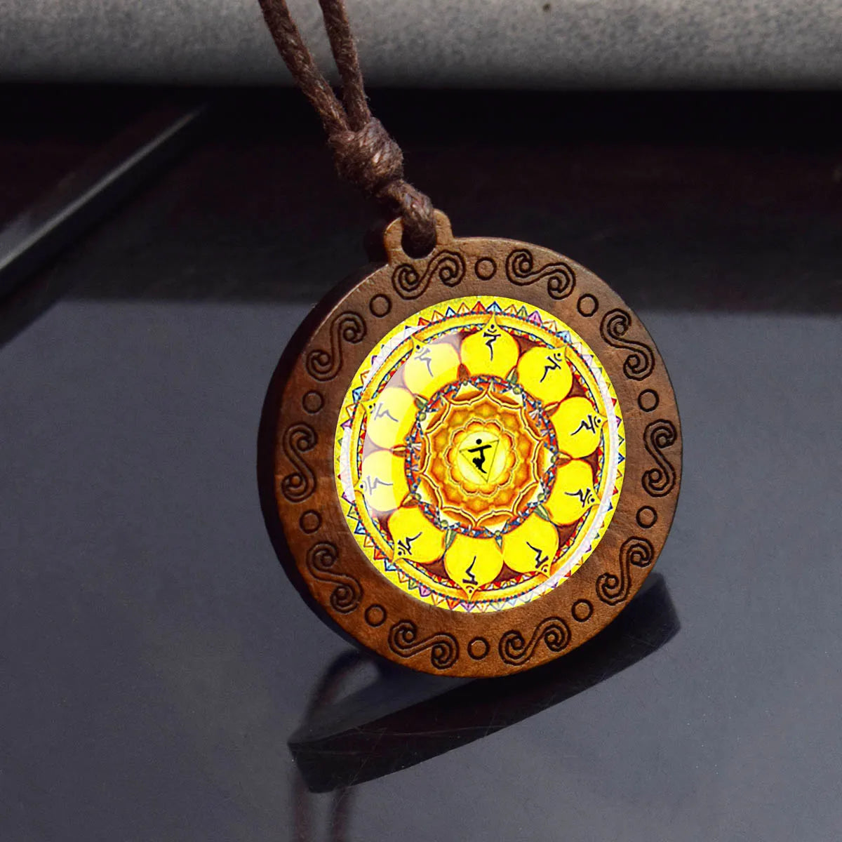 Sri Yantra Mandala Glass Necklace Wood Pendant Buddhist Sacred Geometry Jewelry Spiritual Yoga Gift