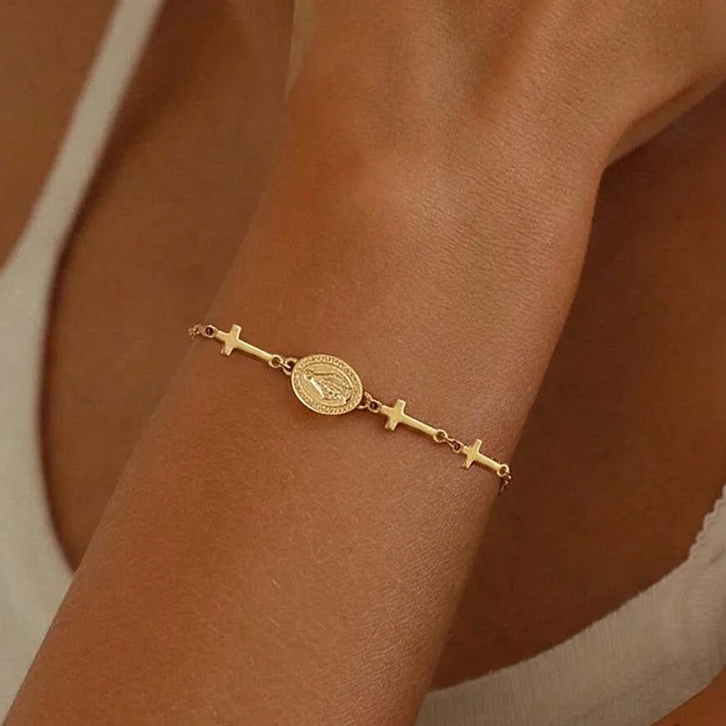 Vintage Virgin Mary Bracelet For Women Prayer Beads Jewelry Stainless Steel Cross Accessories Bracelet Religion Hand Gifts
