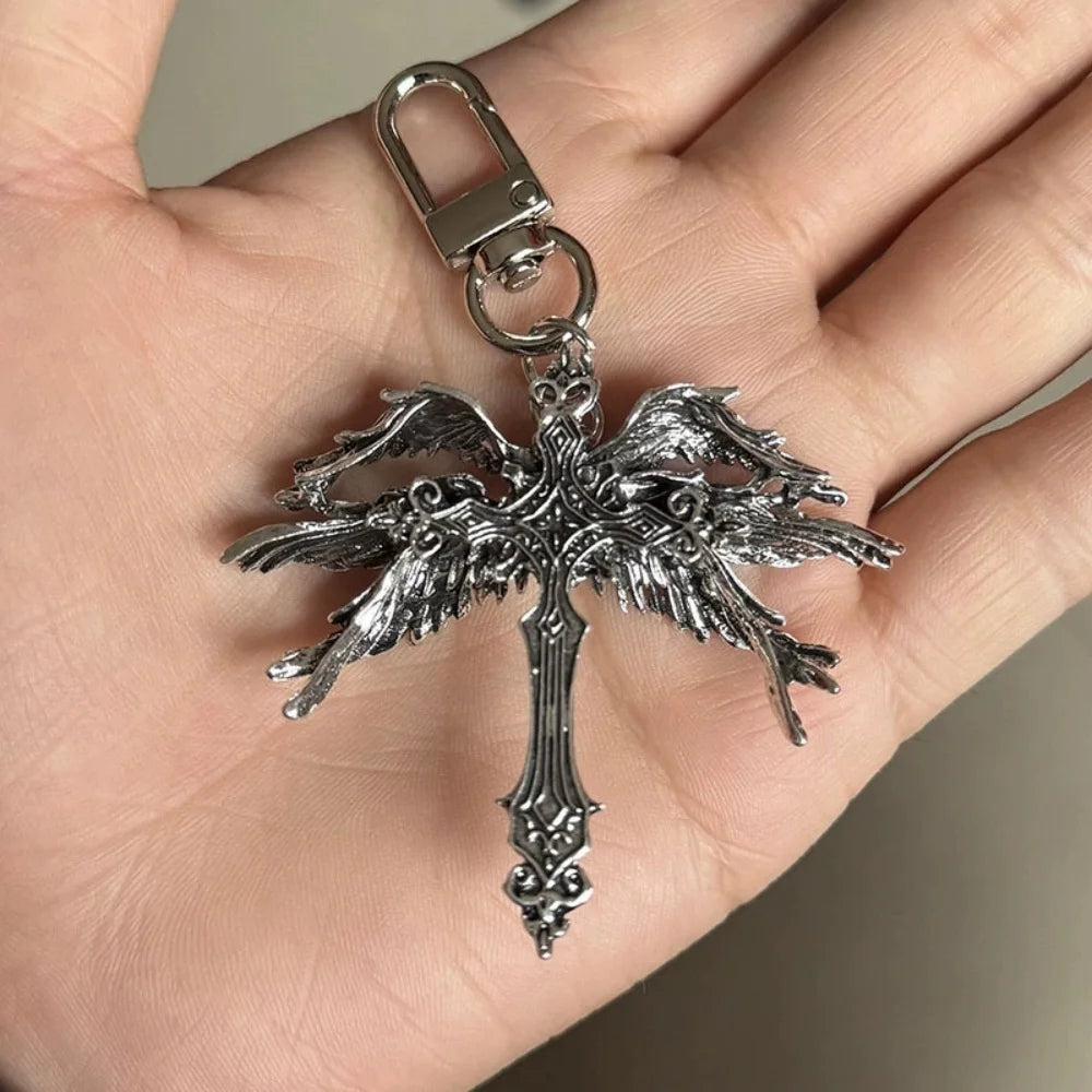 New Retro Six Winged Angel Cross Pendant Necklace keychain European American Unique Exaggerated Fashion Accessory Wholesale
