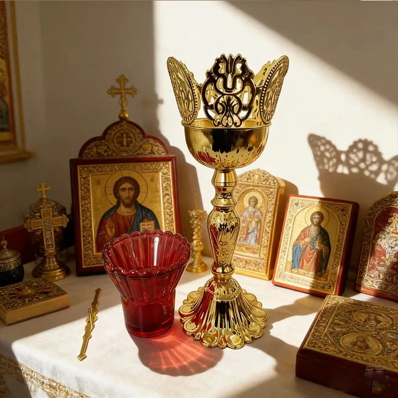 Luxury Gold Plated Orthodox Catholic Holy Communion Chalice Set with Filigree Carvings for Church Altar Decor Religious Devotion