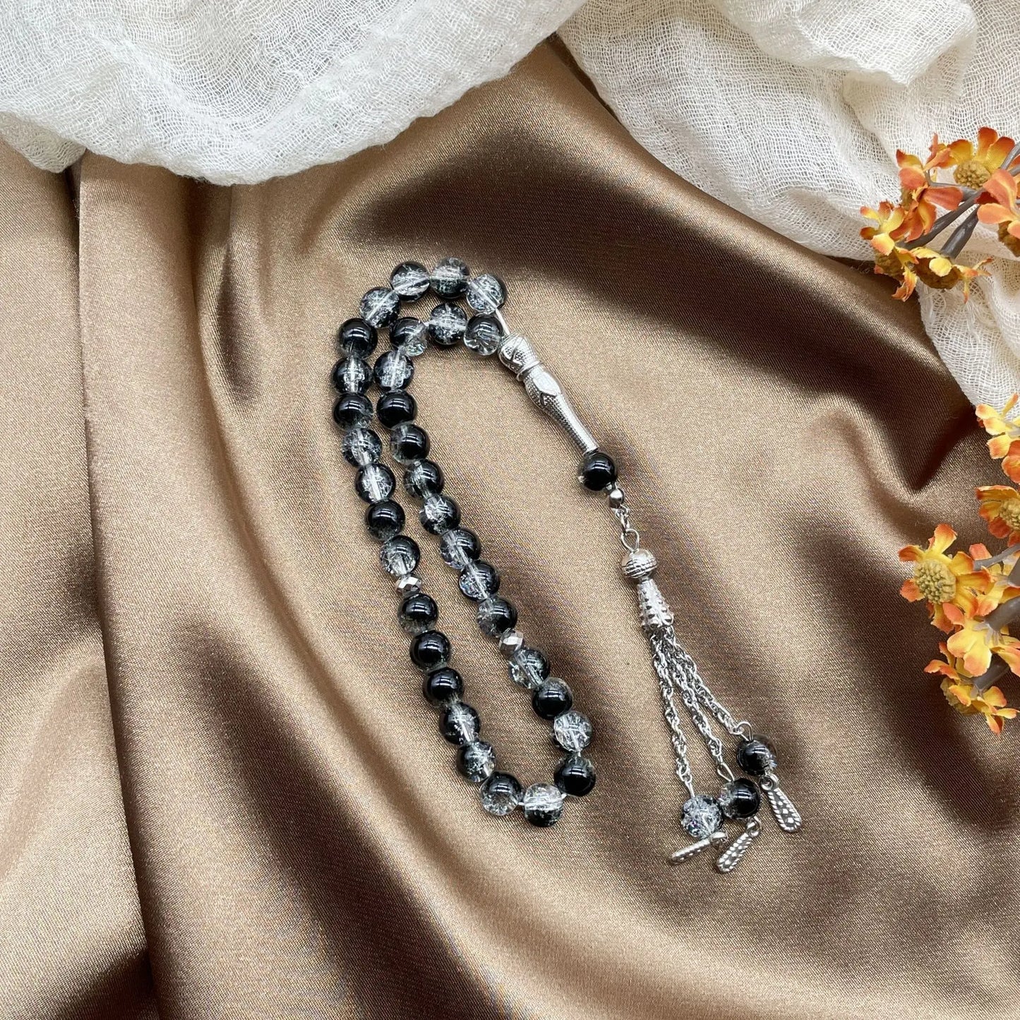 New 33 Beads 8mm Cracked Glass Tasbih, Muslim Prayer Beads for Daily Worship, Ramadan Holiday Gift for Women
