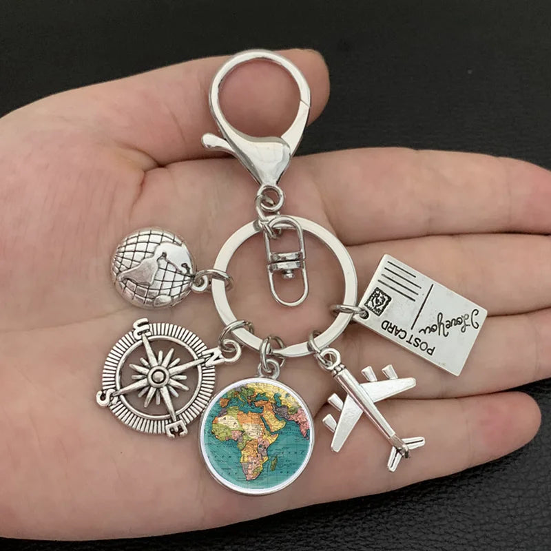 New ideas Earth plane keychain pendant earth compass personality memorial key ring gift for travel lovers