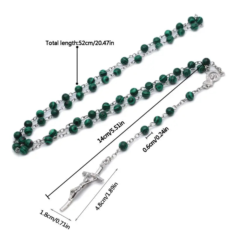 Malachite Cross Pendant Rosary Beads Chain Necklace Christian Religion Men Women Jewelry Charm Gifts