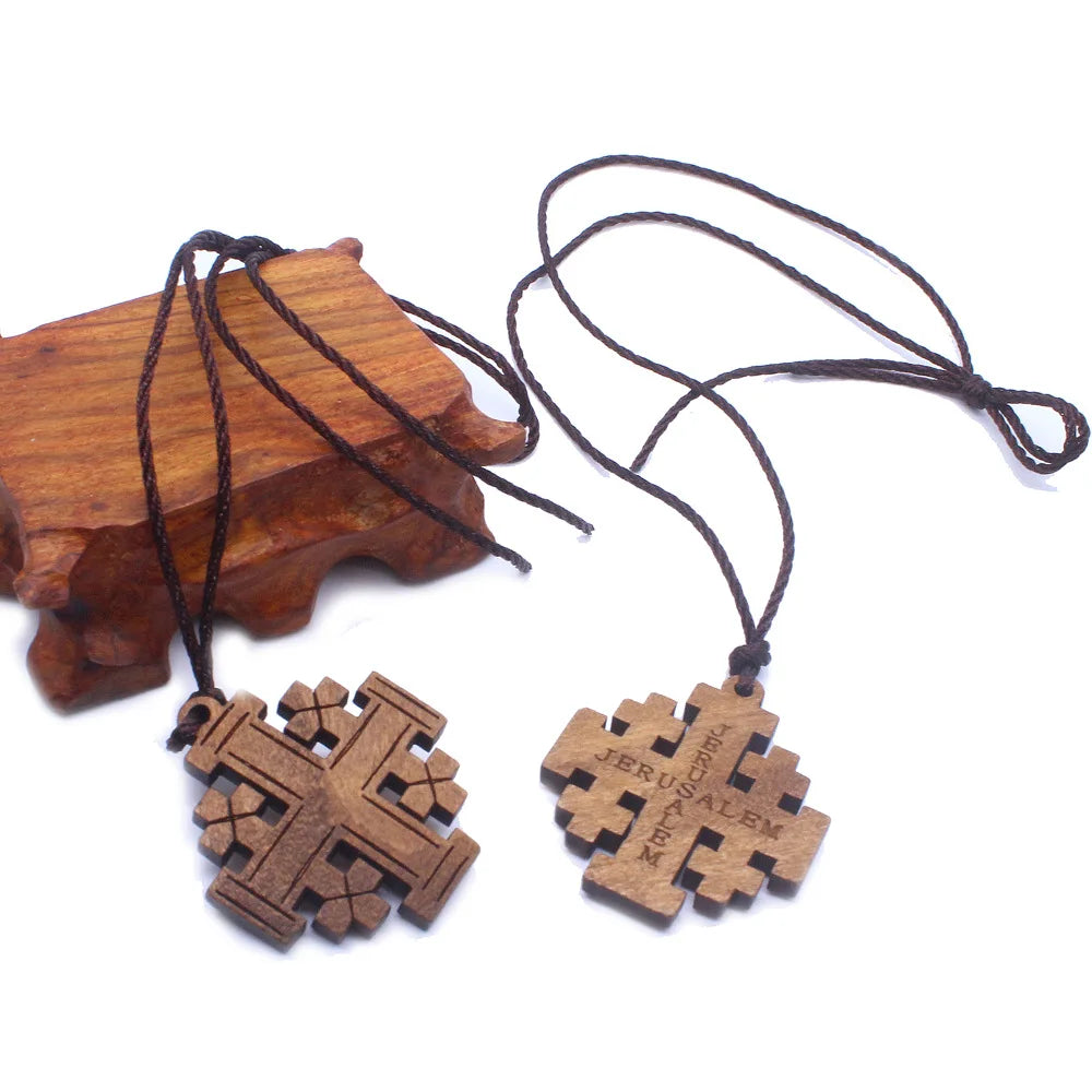 Simple Religious Necklaces Wooden Jerusalem Cross Pendant Necklaces Women Men Christian Religious Prayer Jewelry Accessory Gifts