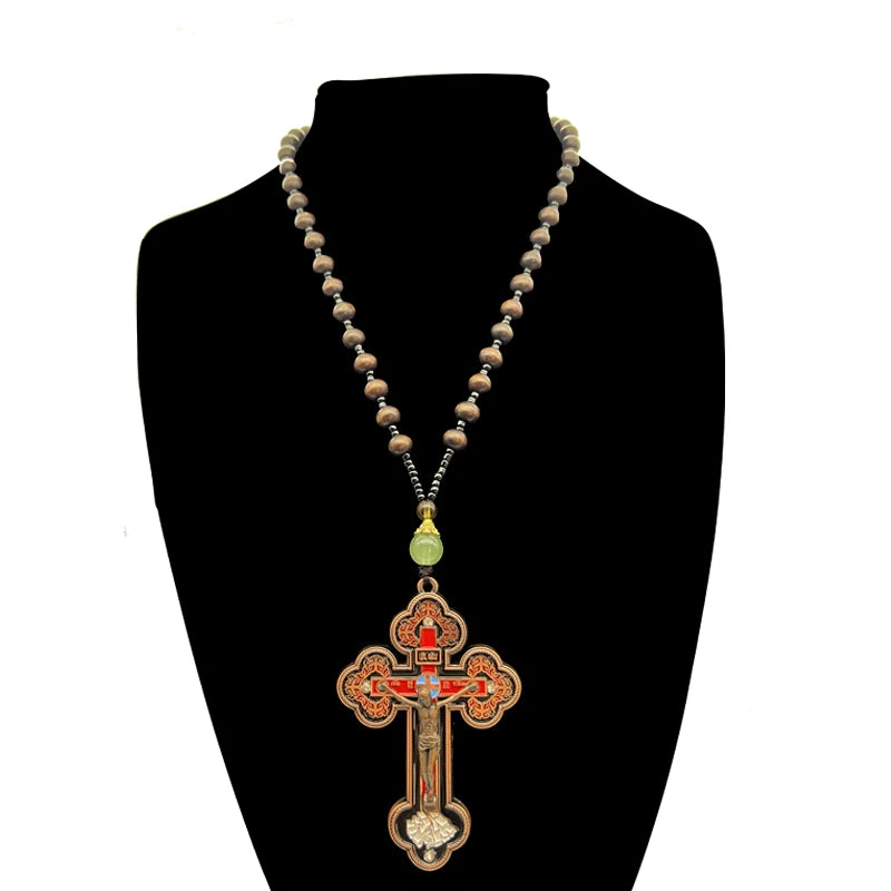 HTISOK Orthodox Crucifix Gold Cross Necklace Wooden Rosary Beaded Chain Religious Jesus Prayer Jewelry