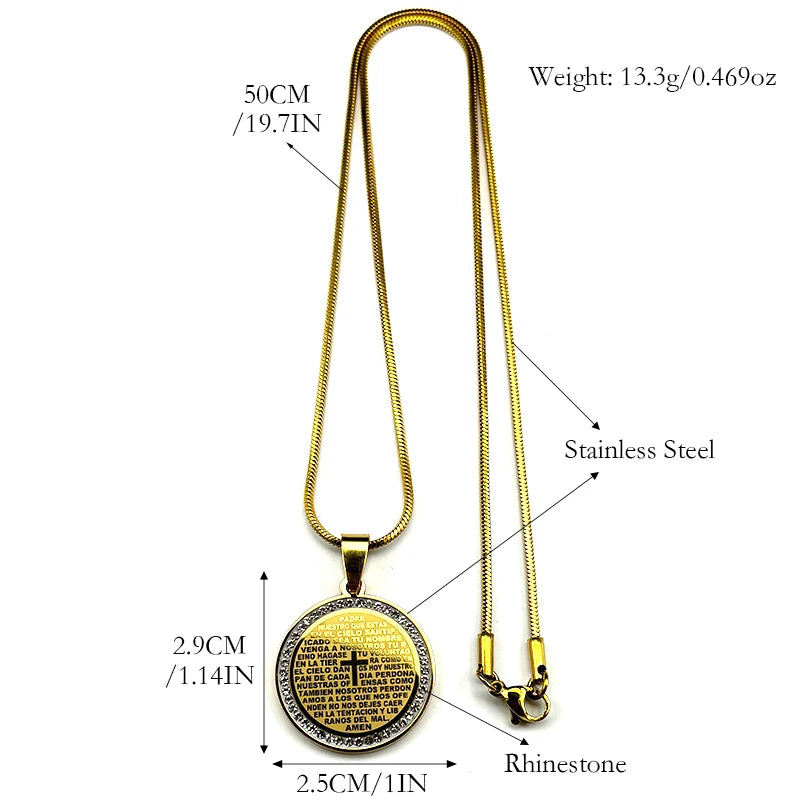 Bible Verse Cross Rhinestones Chain Necklace for Women Men Stainless Steel Spanish Our Father Medal Lord's Prayer Jewelry Gift