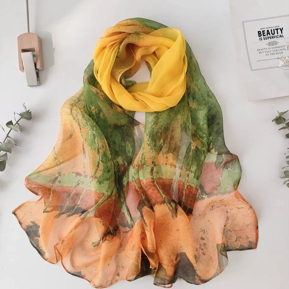Summer Women Birch Forest Landscape Thin Soft Beach Silky Georgette Scarf Shawls 160cm Long Wraps Beach Sunscreen Hijab