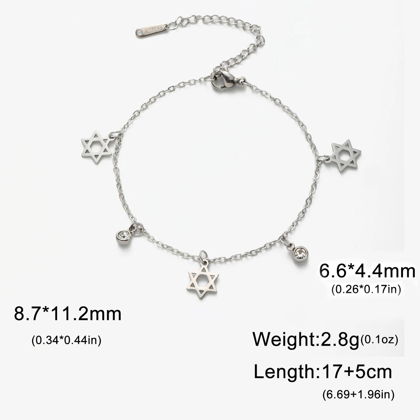 Skyrim Jewish Star of David Charm Bracelet Women Stainless Steel Adjustable Hexagram Clear Zircon Bracelets Jewelry Wholesale