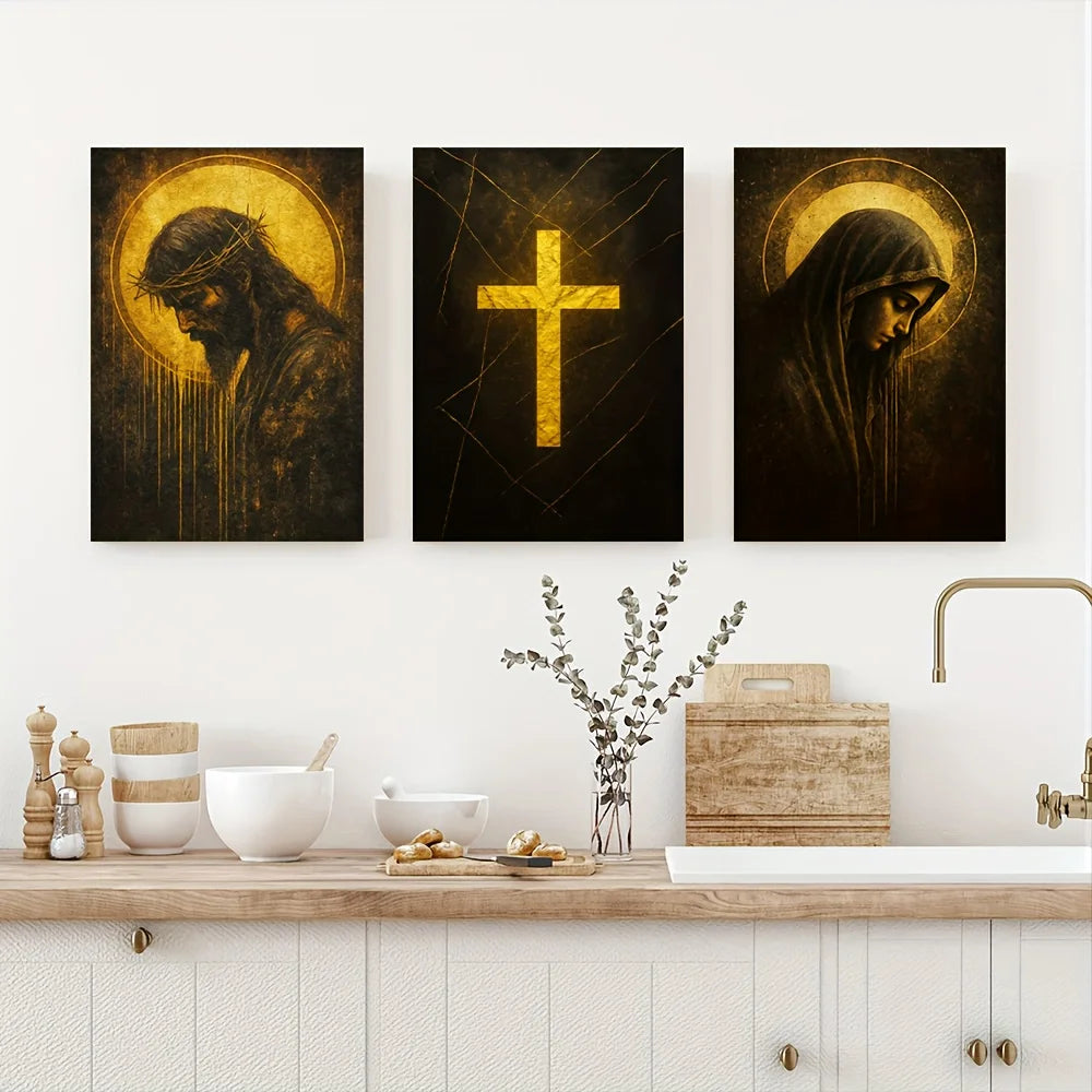 3pcs Religious Canvas Wall Art Set Jesus and Virgin Mary with Golden Cross Design Home Office Church Decor Indoor Mural Decor