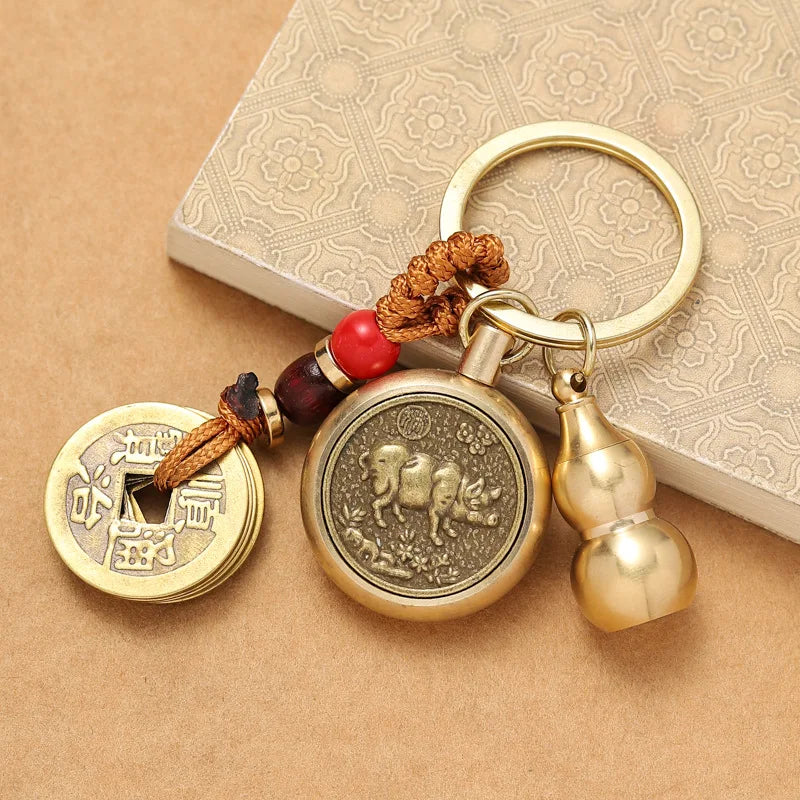 Brass Five Emperors Money Twelve Zodiac Key Chain Turnaround keyChain For Gfit Car Accessories Popular In Scenic Spots