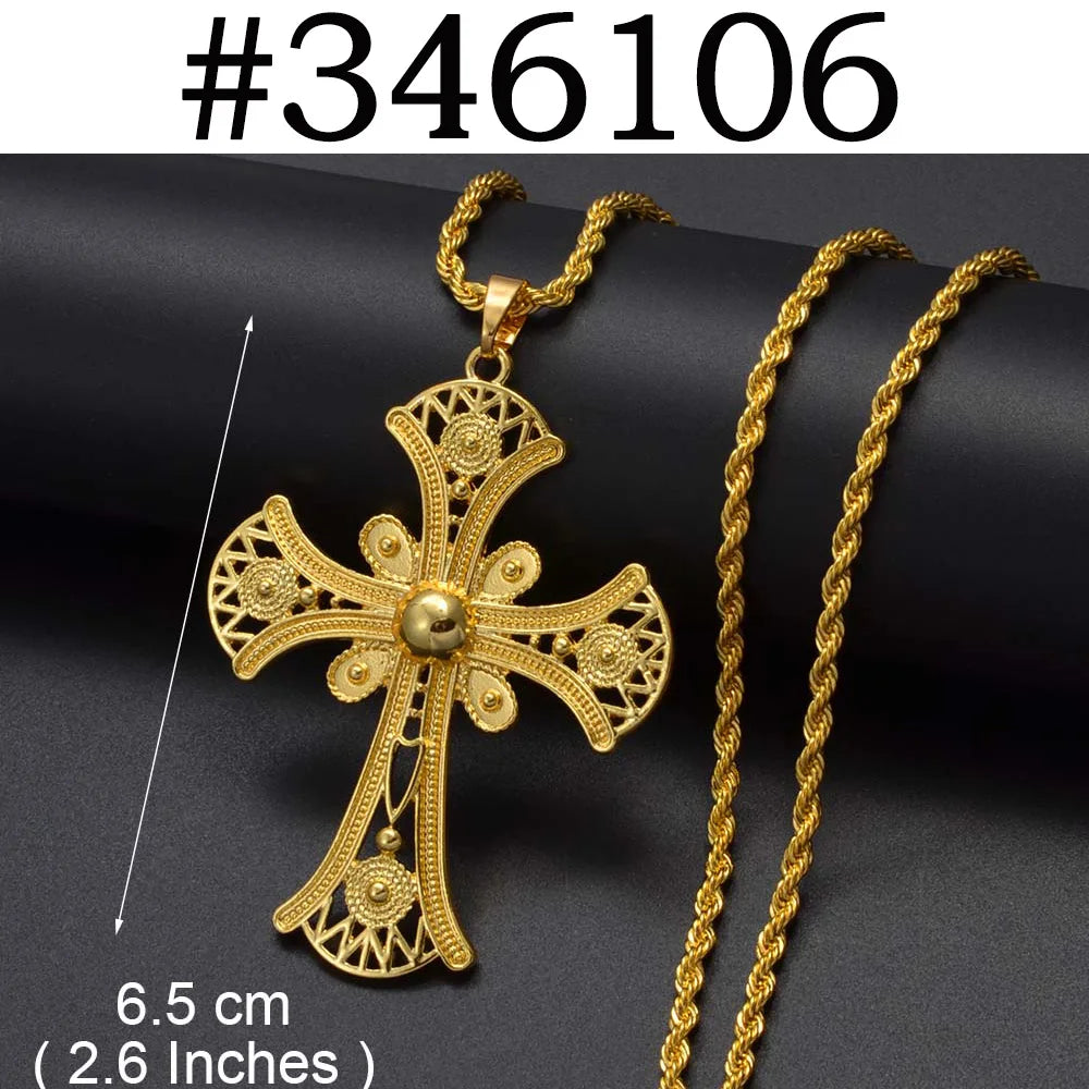 Anniyo Ethiopian Cross Pendant Necklaces for Women Girls Gold Color Habesha Eritrean African Ethnic Traditional Jewelry #346106