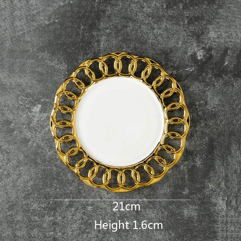 Gold Plated Hollow Out Ceramic Plate Steak Plate Dessert Snack Plate Fruit Salad Plates Service Plates Restaurant Tableware