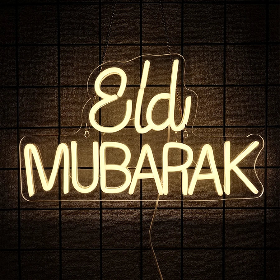 Eid Mubarak Led Neon Sign, Warm White Letter Icon, Suitable For Home And Bedroom Decor, Usb Powered, Ramadan Party Gifts.