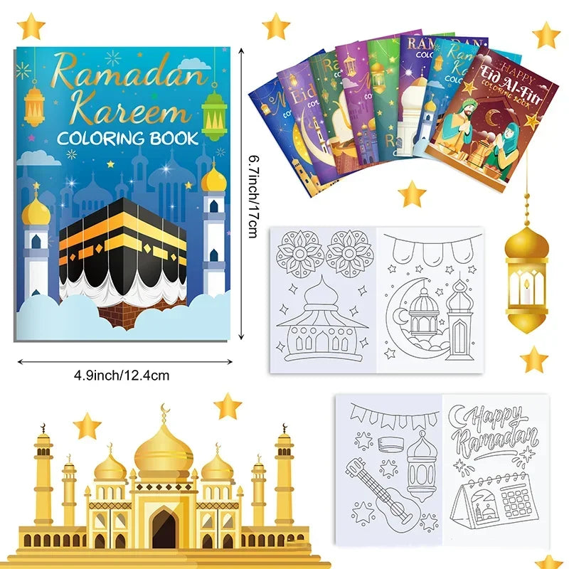 16PCS1Pack Ramadan Coloring Book Set For Kids Eid Mubarak Activity Islamic Doodle Sketchbook Educational DIY Children Gift