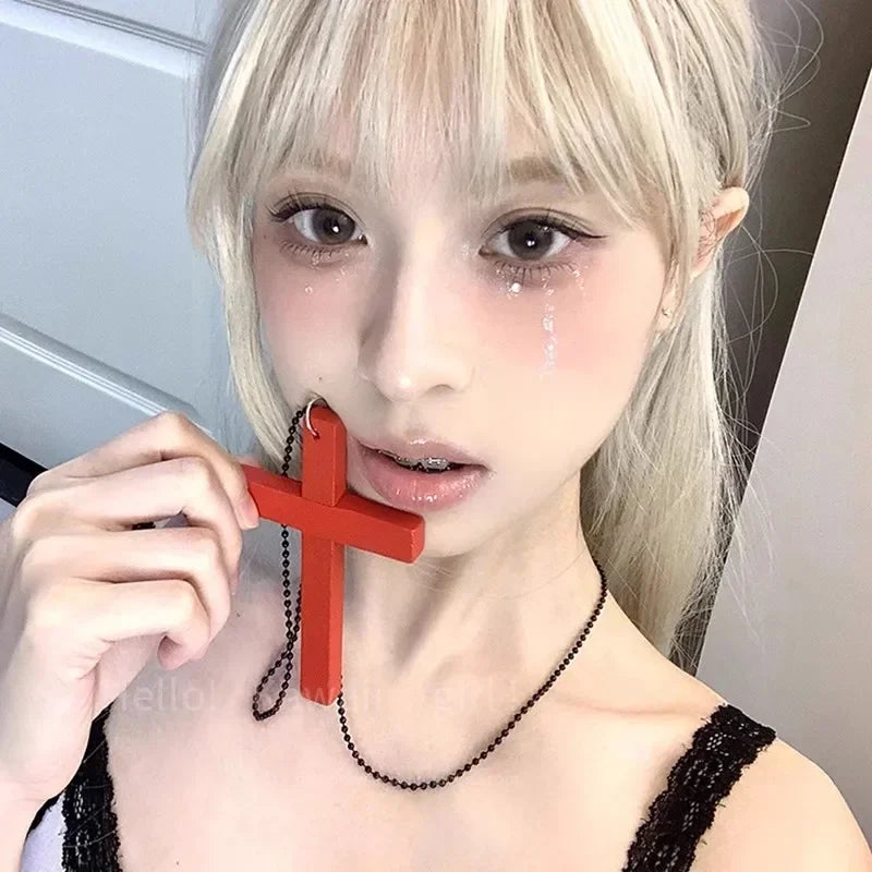Fashion Punk Gothic Wood Cross Pendants Necklace White Black Cross Choker Y2k Hip Hop Necklace Sweater Chain Gifts