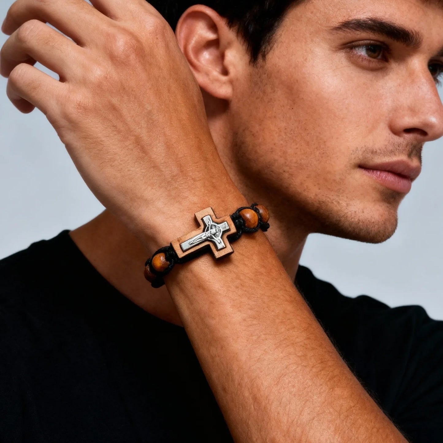 Crucifix Cross Beaded Bracelets for Men, Brown Wooden Bead Adjustable Woven Rosary Wristband,Religous Jewelry