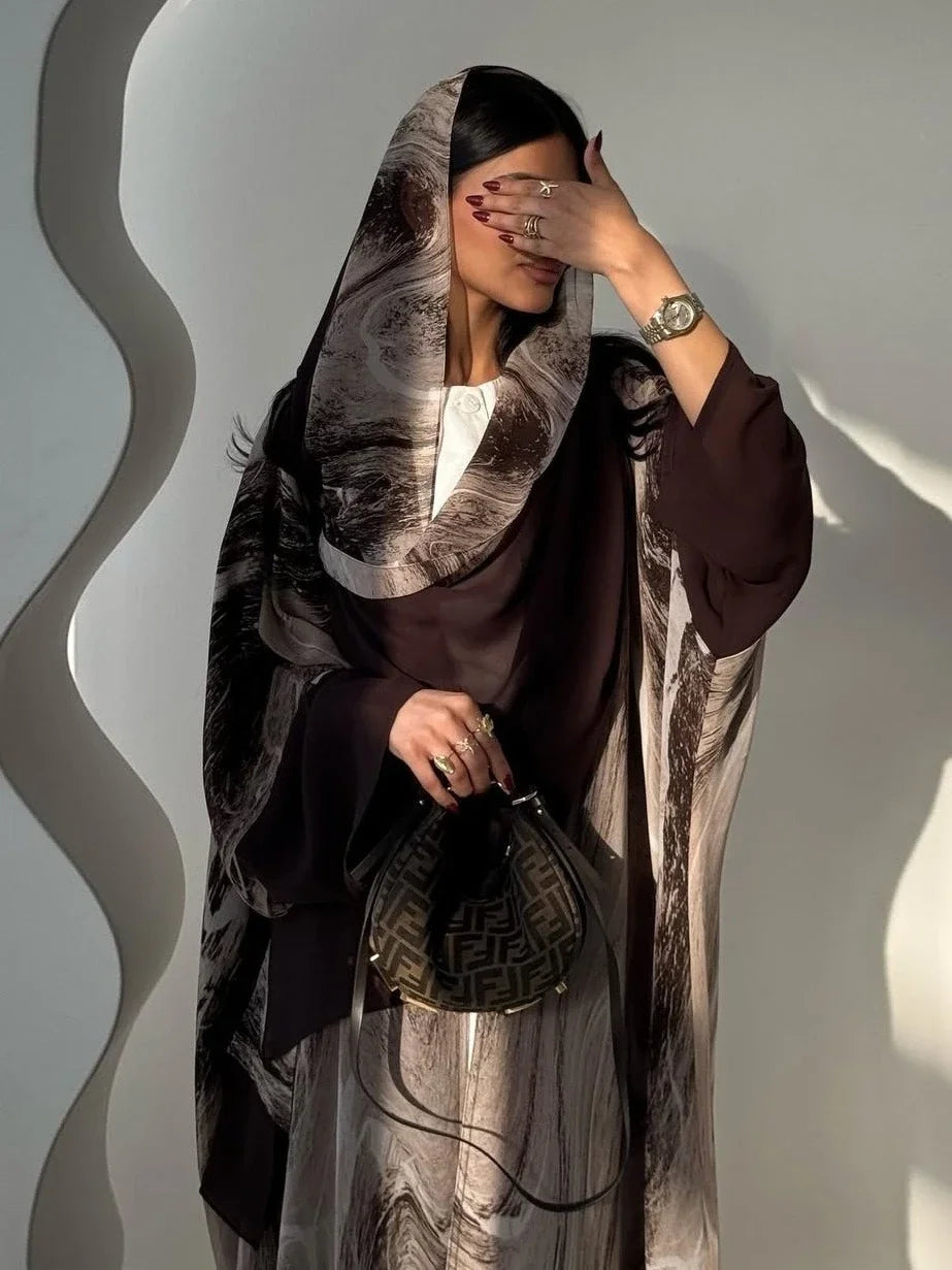 Women Abaya Scarf 2 Piece Set Cardigan Dress Dubai Eid Muslim Print Morocco Kaftan Party Jalabiya Vestidos Largos Arab Long Robe