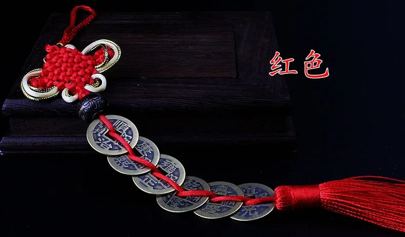 Ancient 5 Copper Coins Red Chinese Knot Feng Shui Wealth Success Lucky Charm Home Car Decoration
