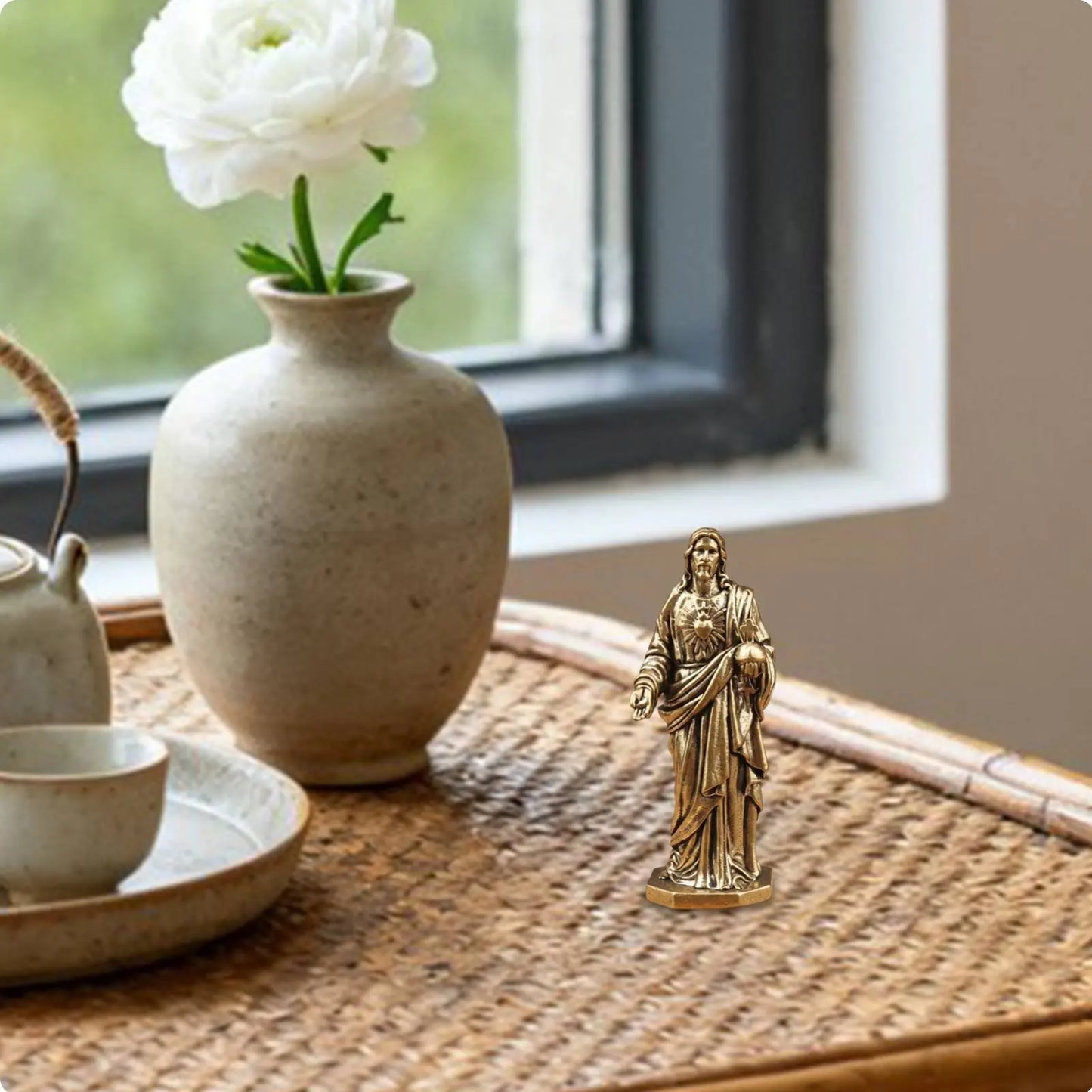 Brass Jesus Figurine Desktop Decoration Sacred Heart of Jesus Statue Miniature Christian Sculpture Handmade Look for Christians