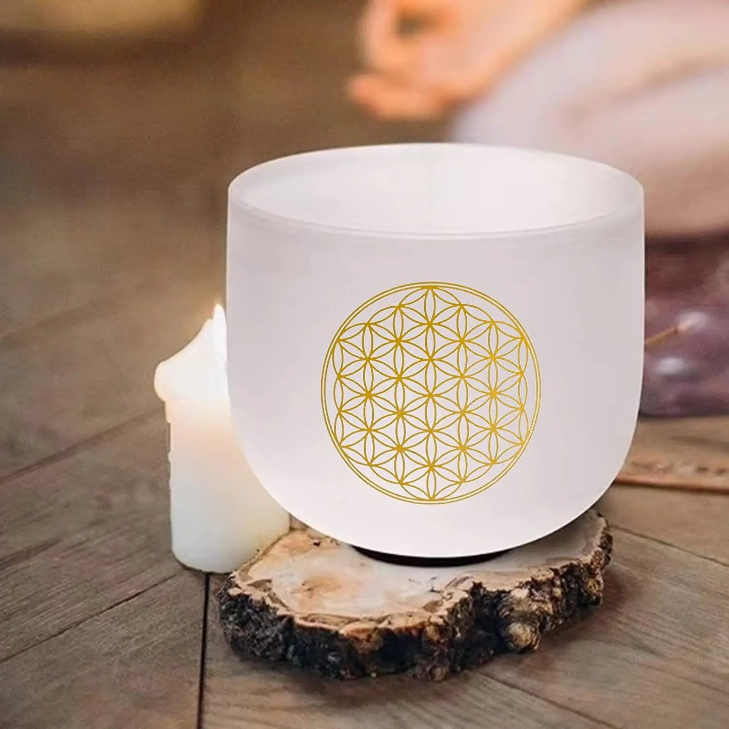 KVKA 8 Inch C Note 528Hz Life of Flower Design Chakra Frosted Quartz Crystal Singing Bowl with Free Mallet