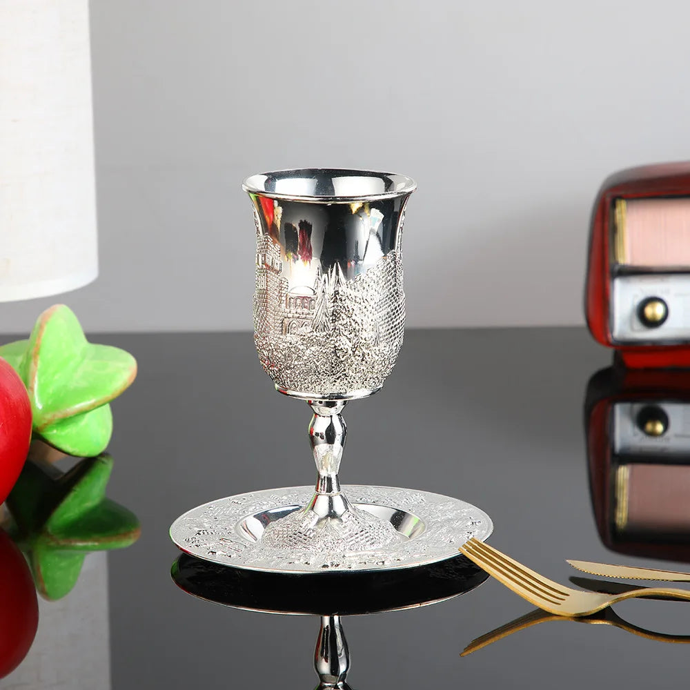 Golden Silver Cup Plated Kiddush Nickel Plated Wine Cup With Saucer Judaica Shabbos Wine Cup Passover For Shabbat Havdalah Gift