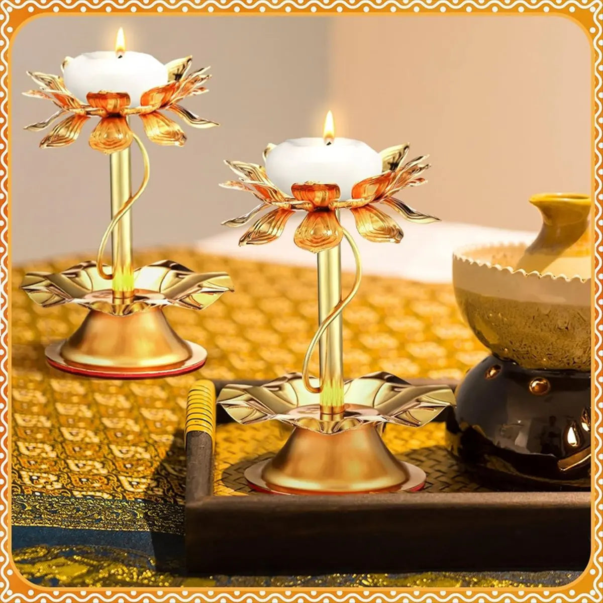 ETRT 2 Pcs Diwali Lotus Candle Holder Metal Diya for Diwali Pooja Lotus Ghee Lamp Candle Holder Indian Diyas Decorations
