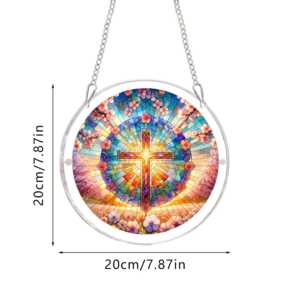 Stained Glass Cross with Flowers Acrylic Puzzle Suncatcher, 18cm/20cm Round Window Hanging