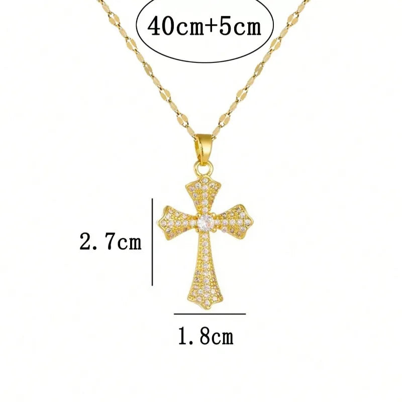 1pc Luxury Copper Zirconia Cross Pendant Necklace For Women Zircon Inlaid Jewelry Gold Color Long Clavicle Chain Necklaces