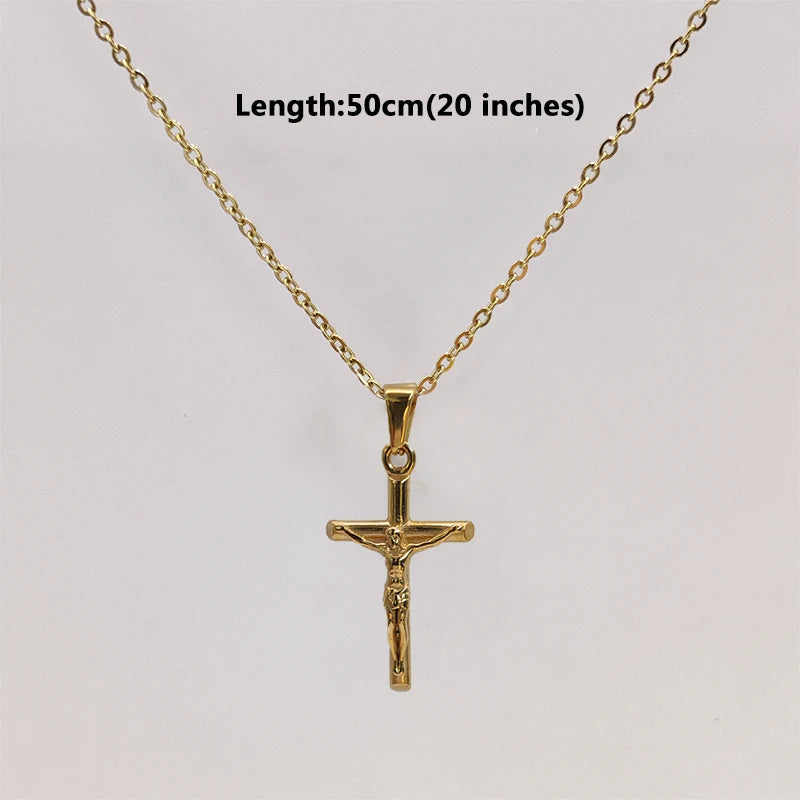 Jesus Cross 18k Gold Plated Stainless Steel Pendant Necklace For Men Unisex Religious Waterproof Jewelry Accessories