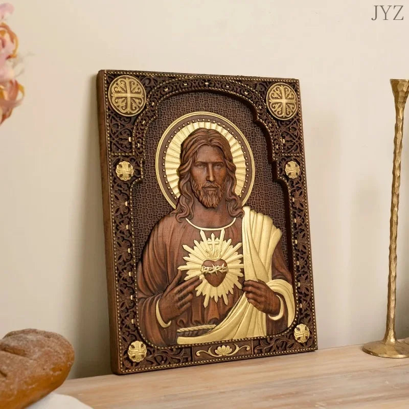 High Quality Religious Wooden Sacred Heart of Jesus Catholic Statue Plaque Wall Decor