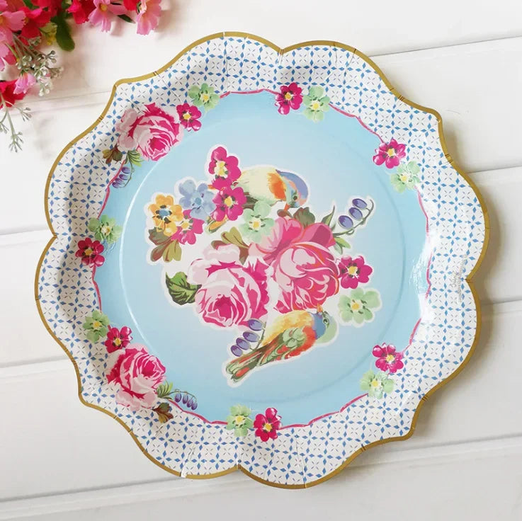 8pcs Chinese Blue White Porcelain Plate Party Decoration Plate Retro Wave Edge Plate Holiday Cake Plate Disposable Paper Plate