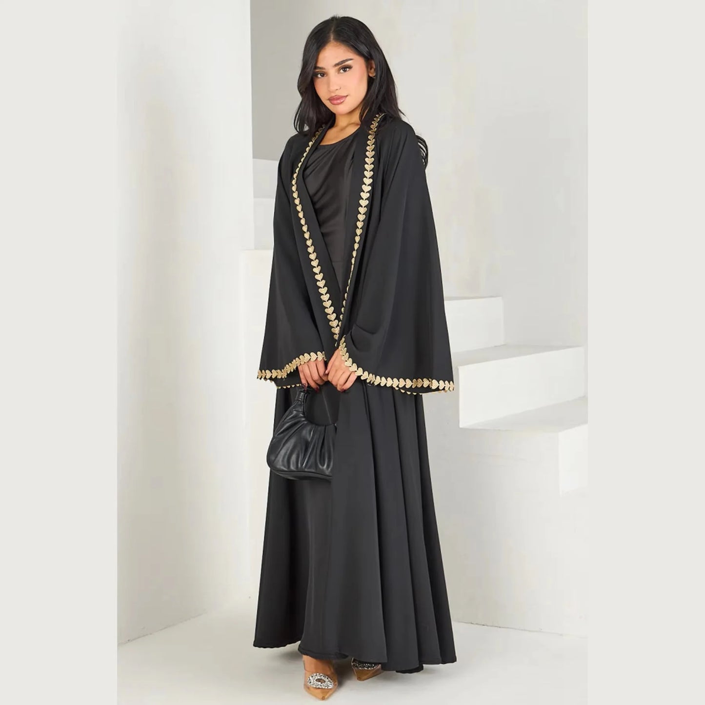 Muslim Womens Abaya with Gold Heart Loose Long Ideal for Islamic Modest Fashion Daily Wear Prayers Weddings Religious Events