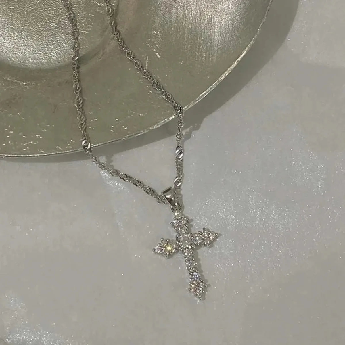 Zircon Cross Pendant Necklace, Silver Thin Chain for Women, Punk Style Party Birthday Jewelry Gift