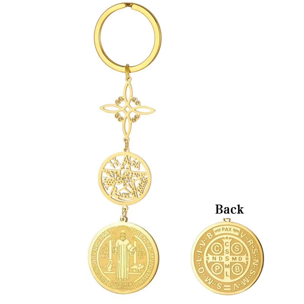 Triple Protection Pendant Keychain with Witch Knot and St Benedict Exorcism Medal Pentagram Tetragrammaton Keyring Amulet