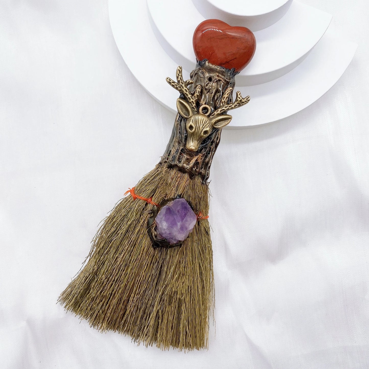 Natural Amethyst Crystal Love Heart Magic Broom Gem Crafts Home Decoration Reiki Healing Witch Broomstick Christmas Gift