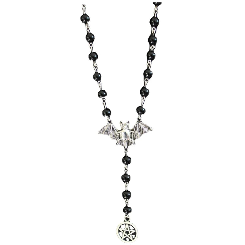 Fashion Black Rosary Necklace, Gothic Bat Pendant Necklace, Bat Five Pointed Star Necklace, Witch Jewelry, Halloween Party Gifts
